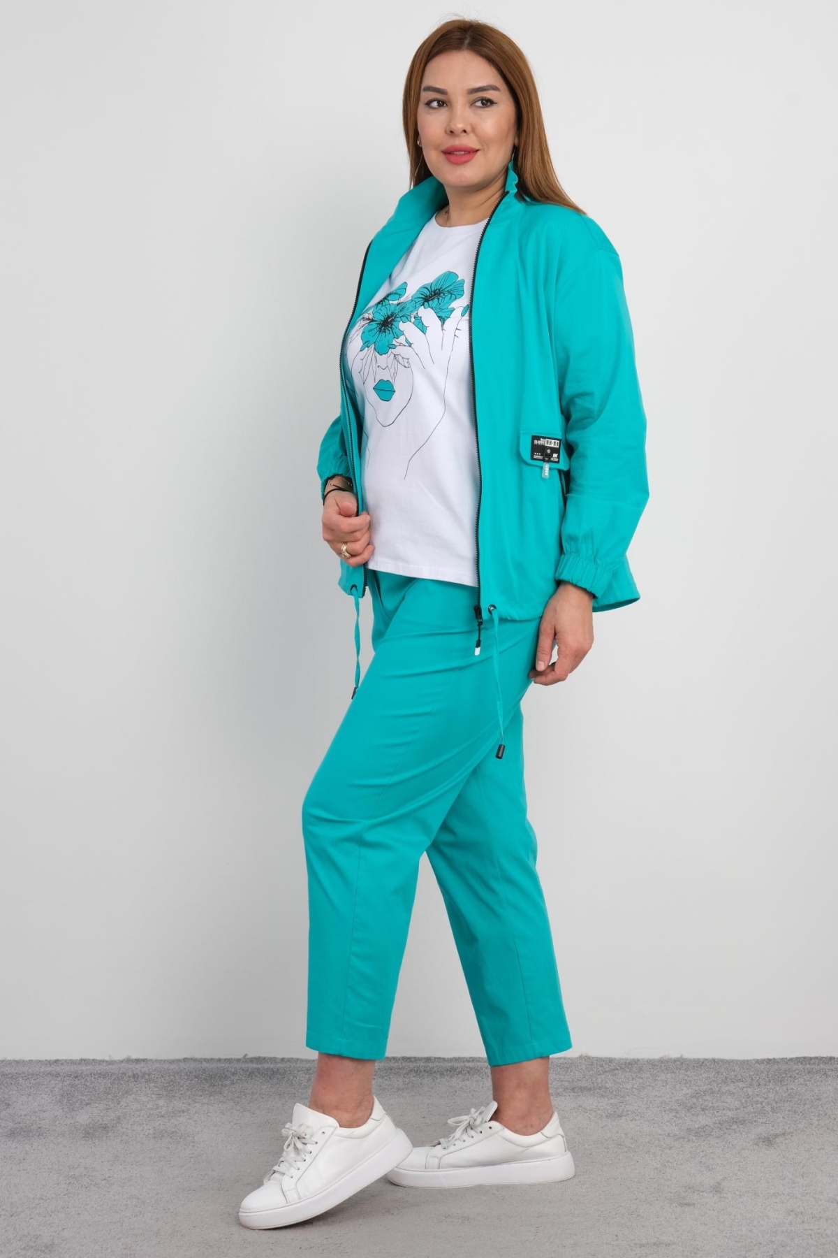 Plus Size Womens Three-Piece Sports Set-Turquoise