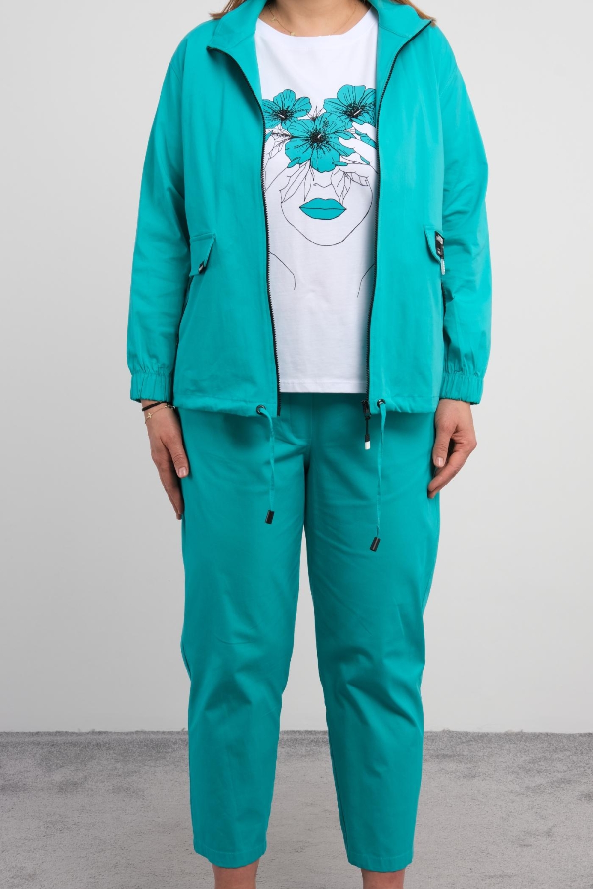 Plus Size Womens Three-Piece Sports Set-Turquoise