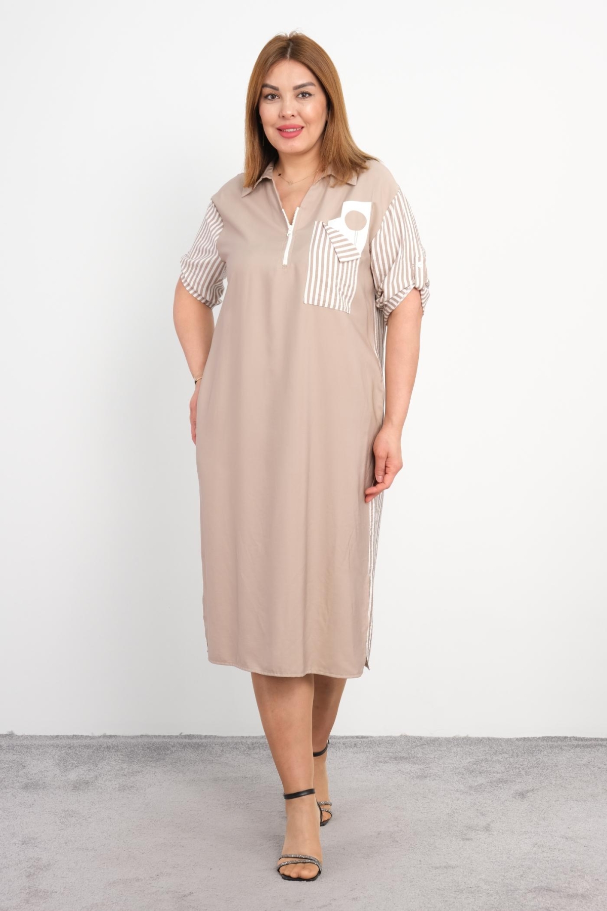 Casual Plus Size Dress-Beige