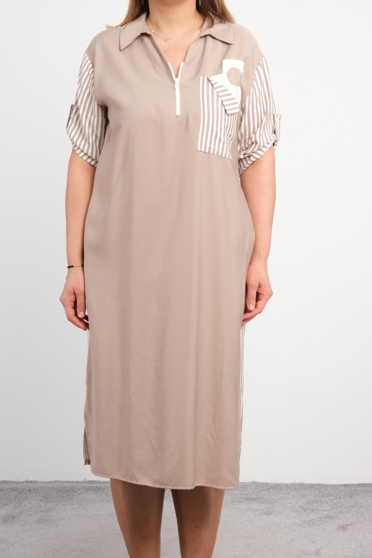 Casual Plus Size Dress-Beige