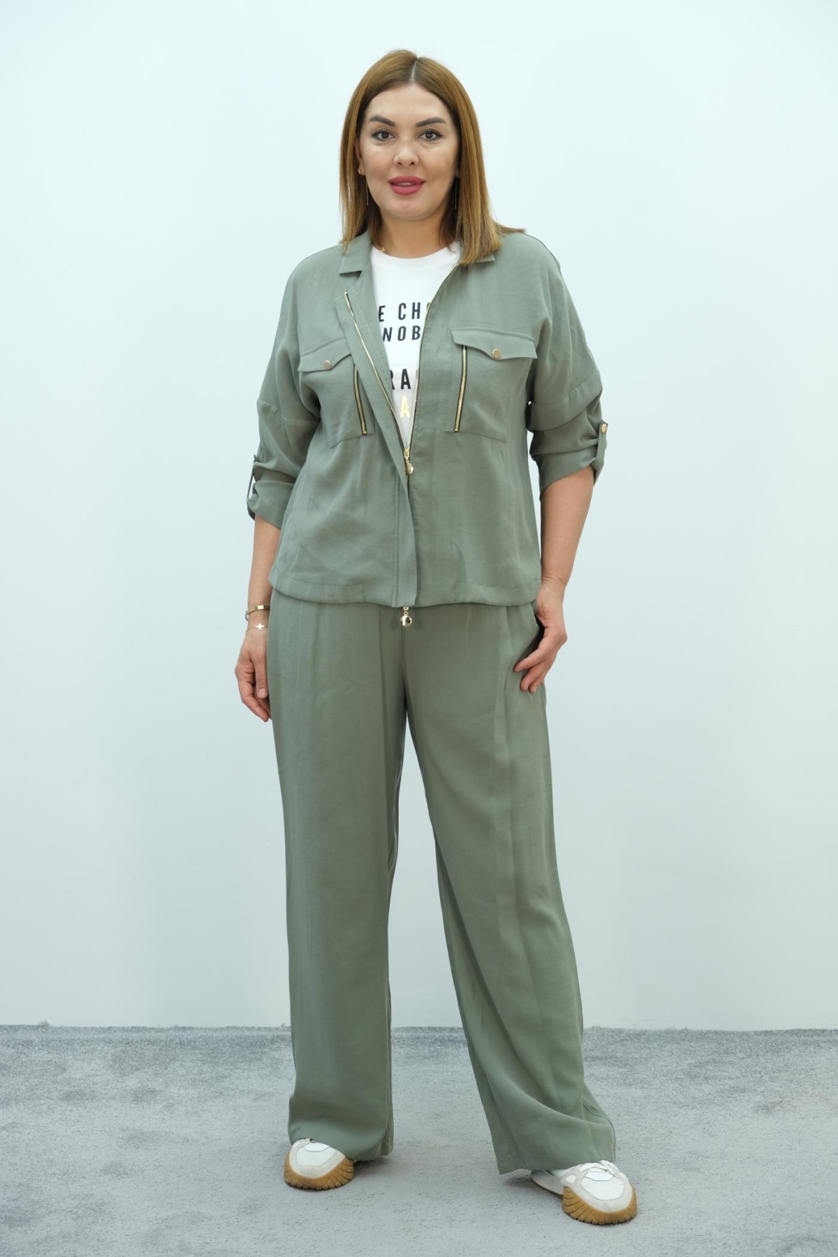 Plus Size Womens Three-Piece Sports Set-Khaki