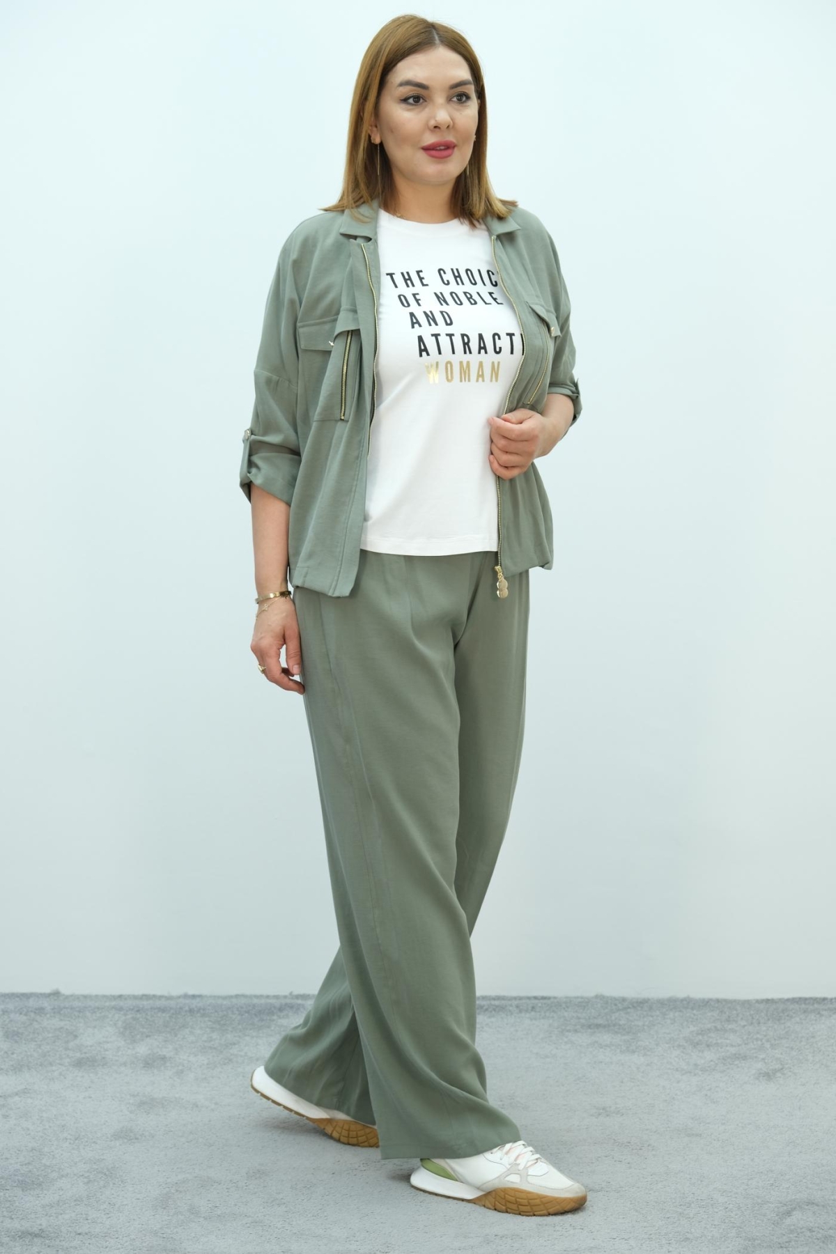 Plus Size Womens Three-Piece Sports Set-Khaki