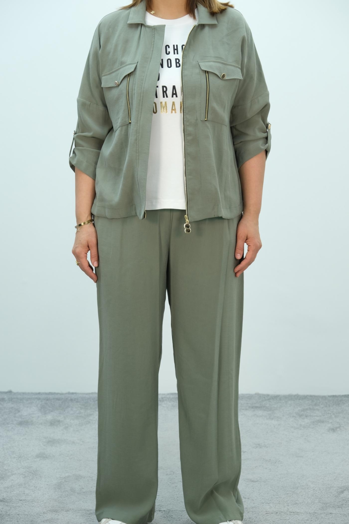 Plus Size Womens Three-Piece Sports Set-Khaki