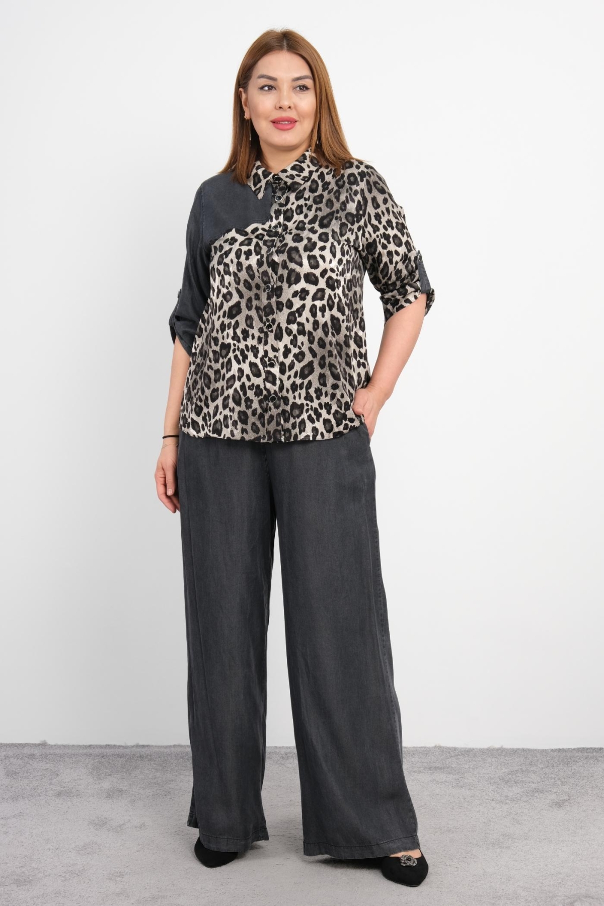 Plus Size Blouse and Pants Set-Black