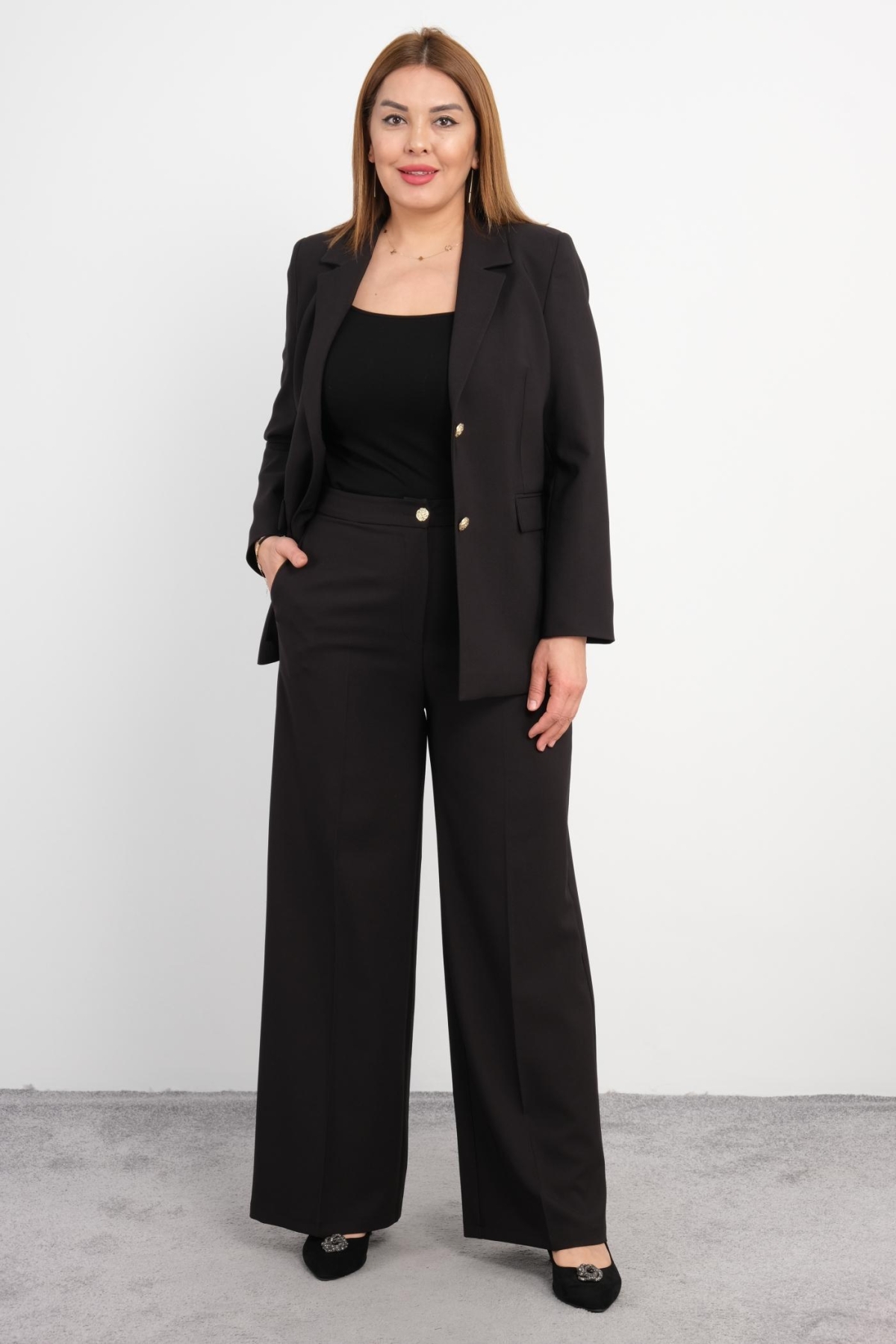 Plus Size Jacket and Pants Set-Black
