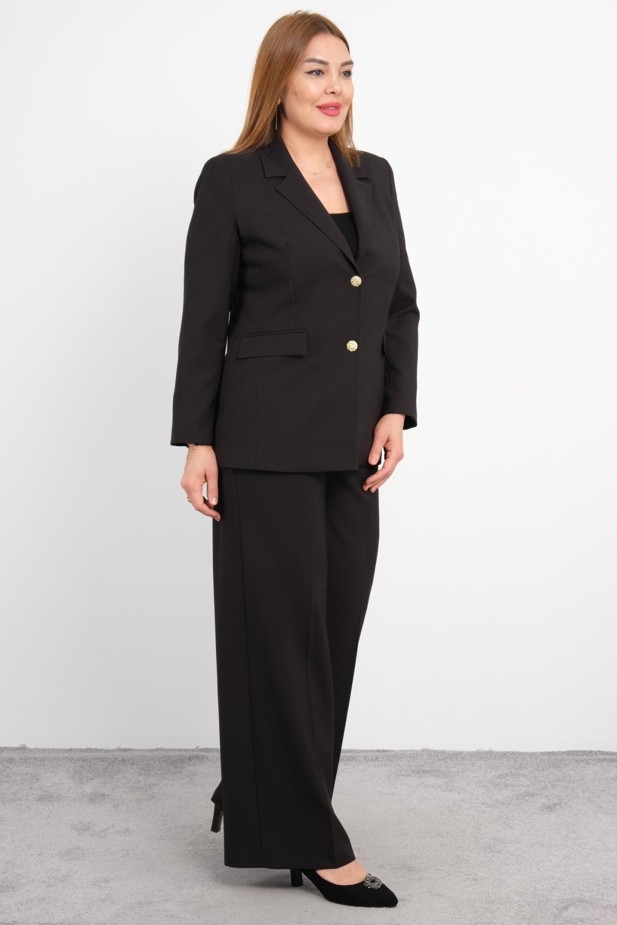 Plus Size Jacket and Pants Set-Black
