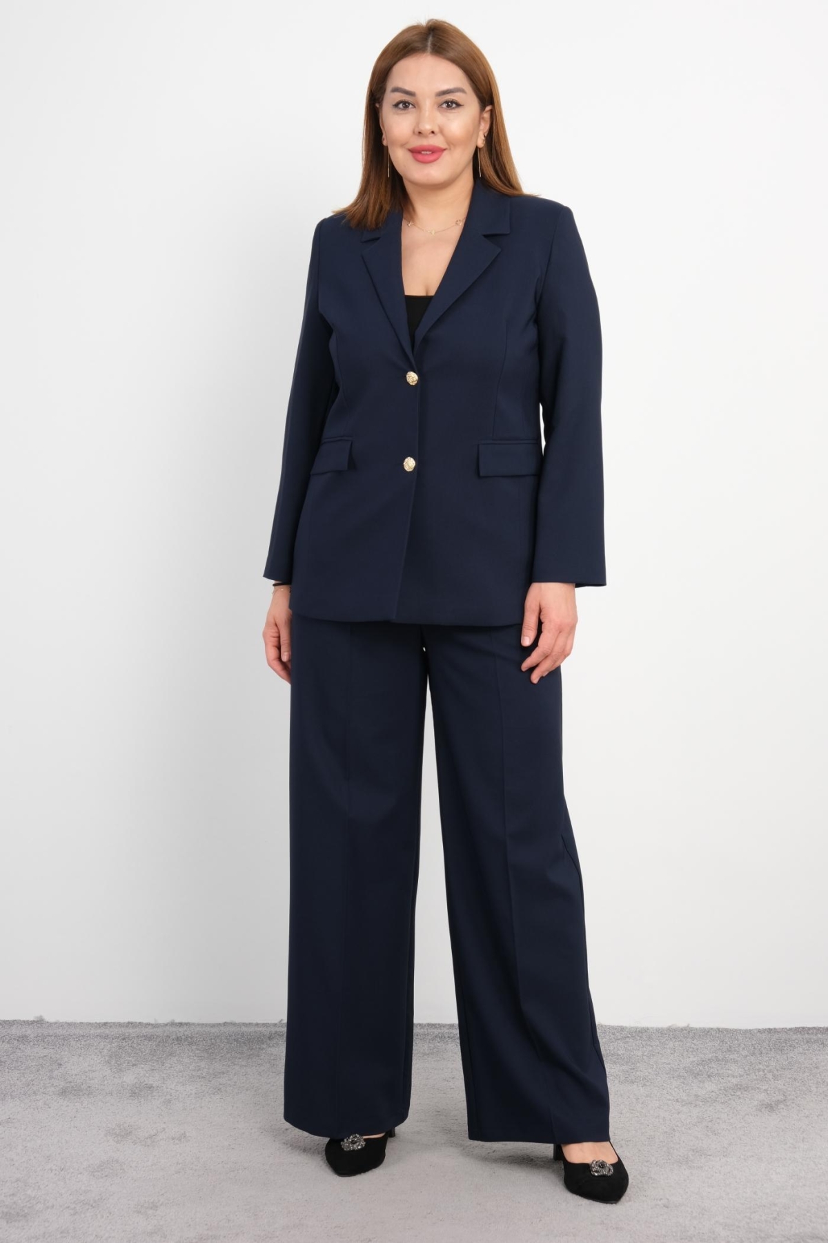 Plus Size Jacket and Pants Set-Dark Blue