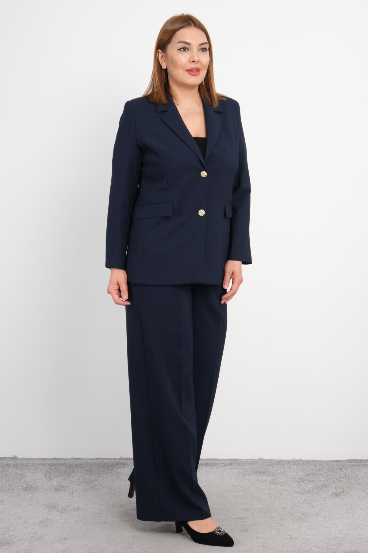 Plus Size Jacket and Pants Set-Dark Blue