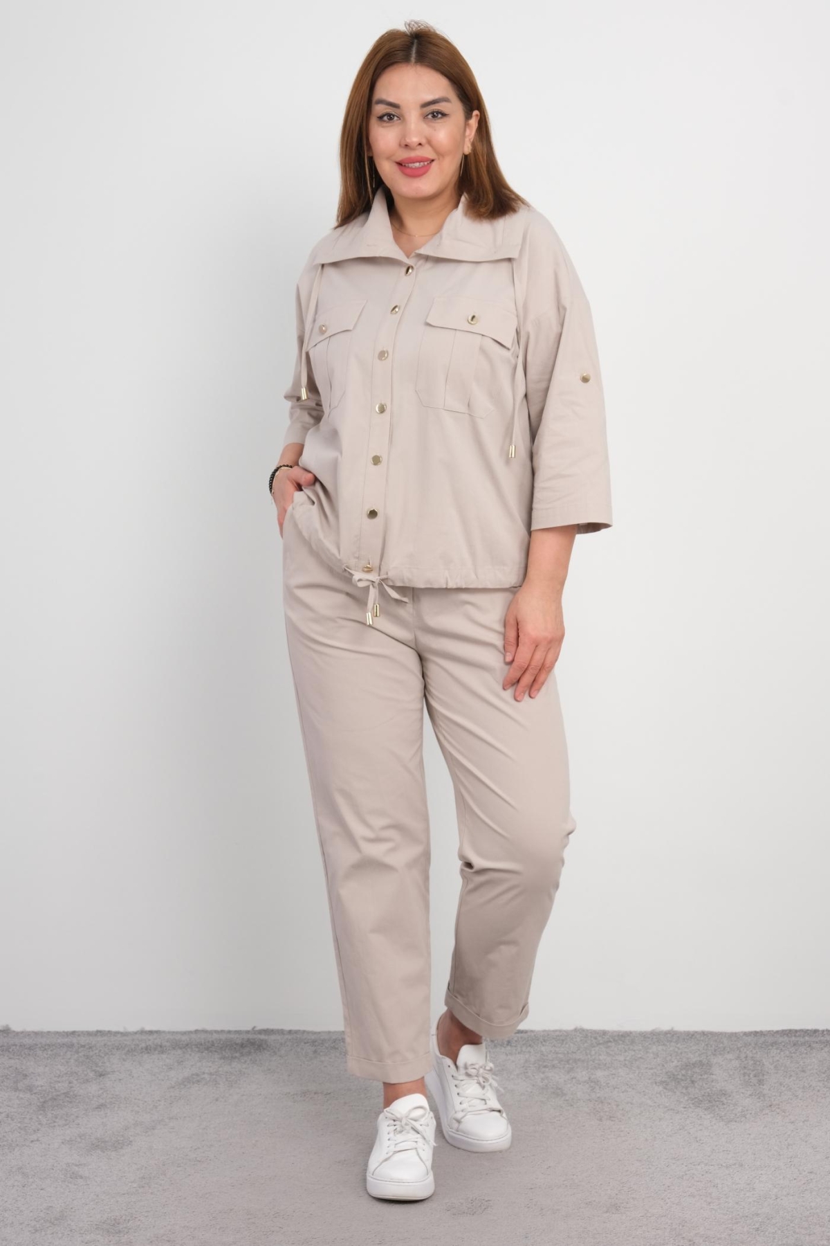 Plus Size Womens Two-Piece Sports Set-Beige