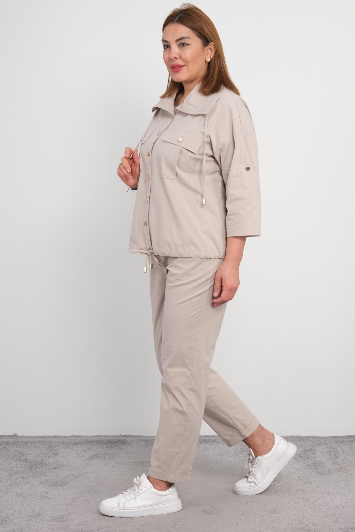 Plus Size Womens Two-Piece Sports Set-Beige