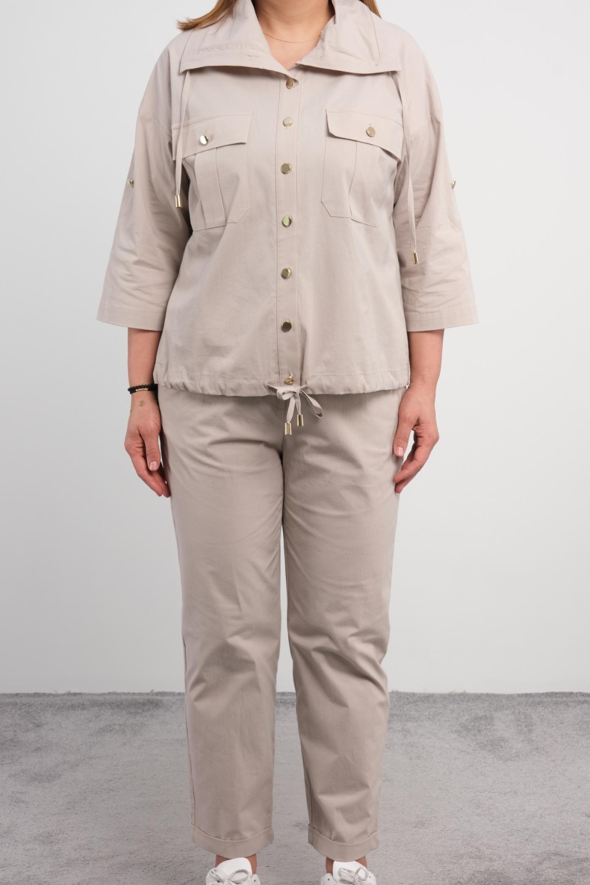 Plus Size Womens Two-Piece Sports Set-Beige