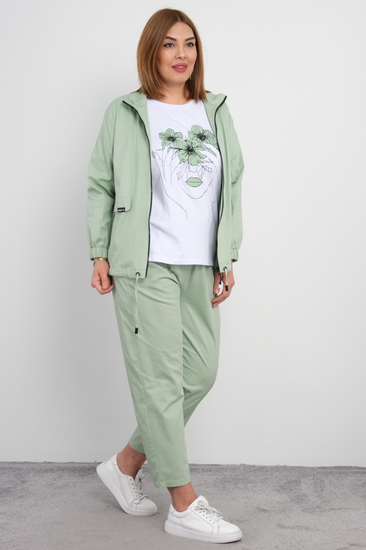 Plus Size Womens Three-Piece Sports Set-Petrol Green