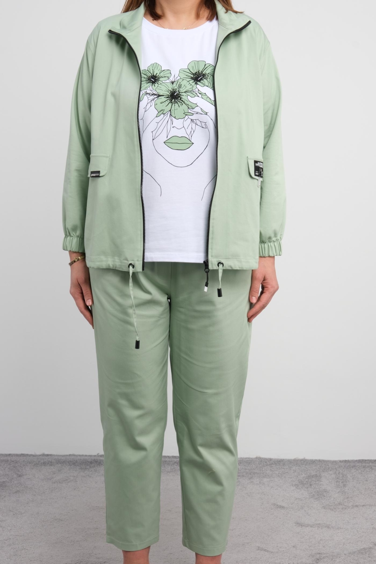 Plus Size Womens Three-Piece Sports Set-Petrol Green