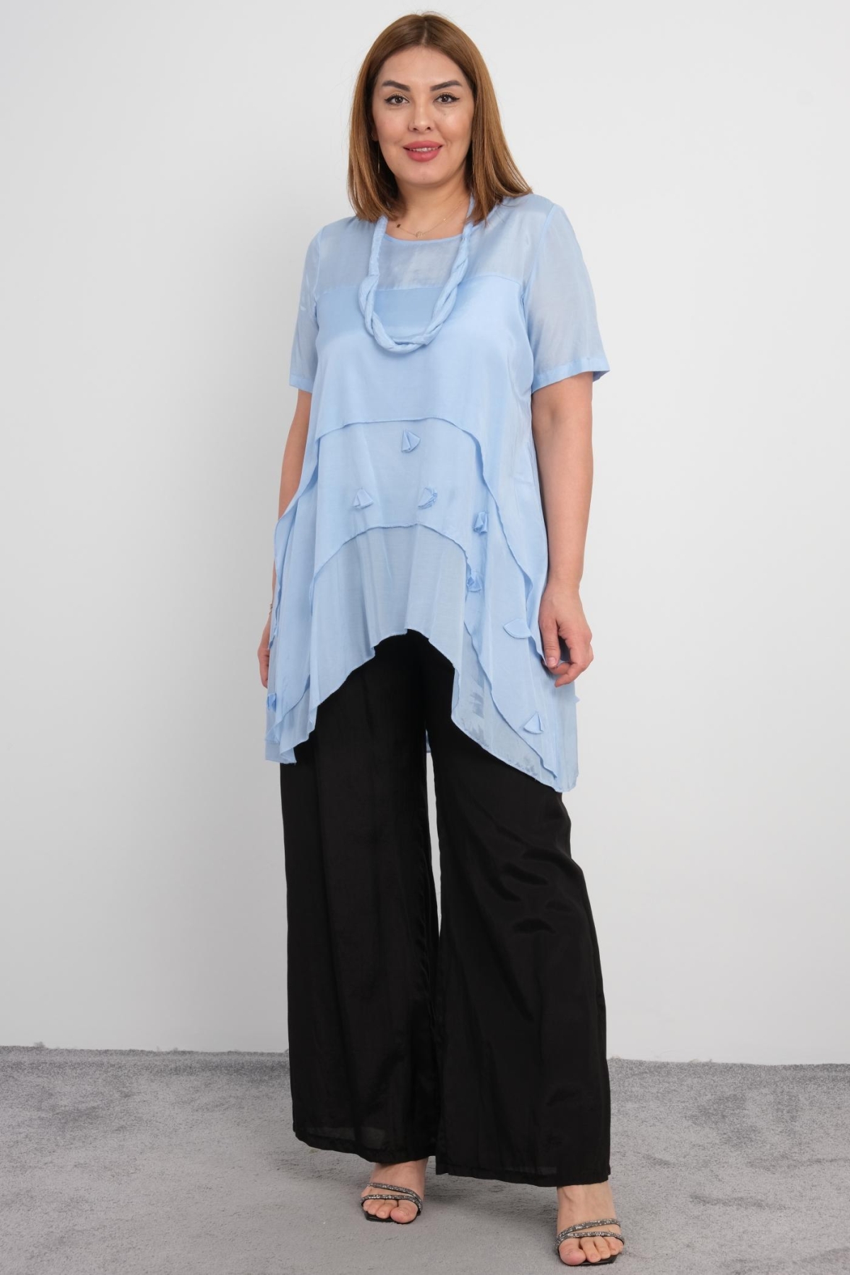 Plus Size Blouse and Pants Set-Blue