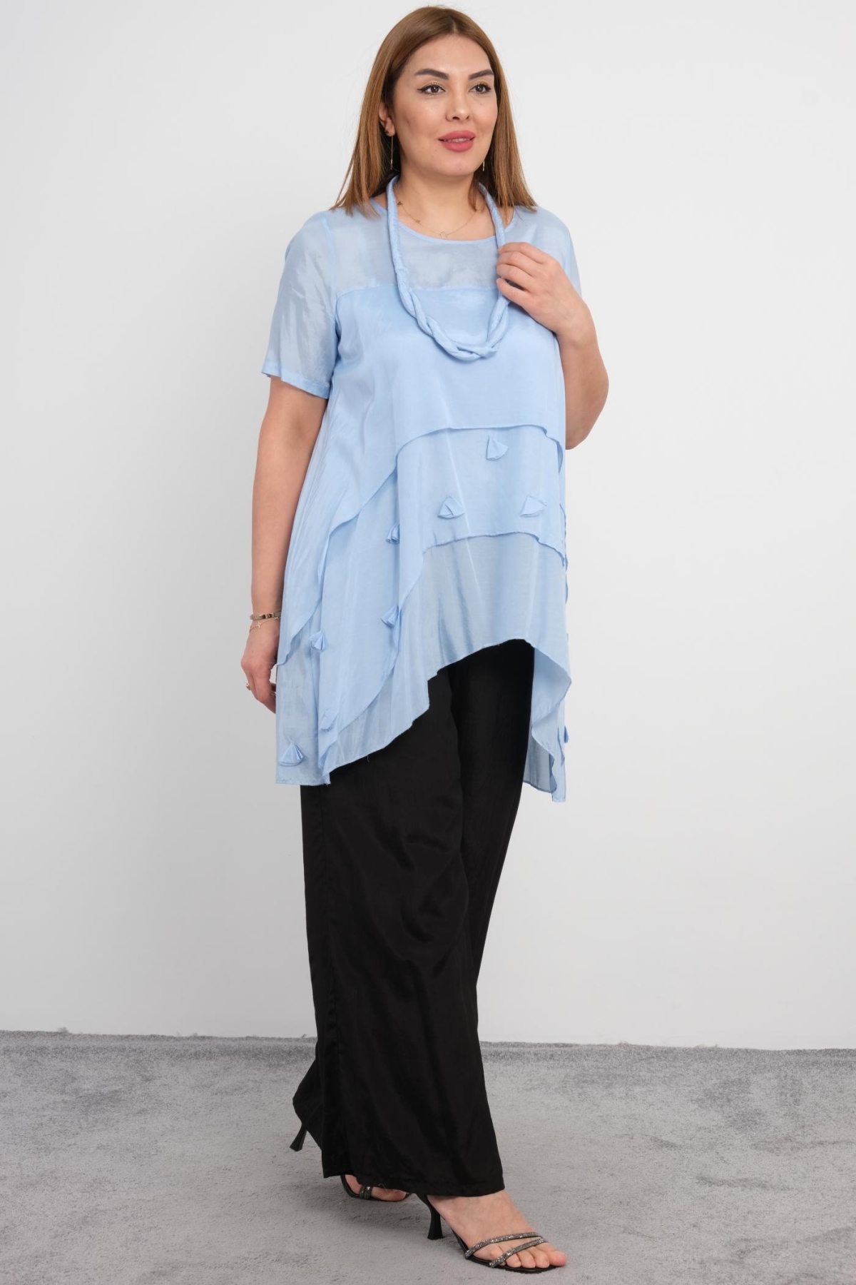 Plus Size Blouse and Pants Set-Blue