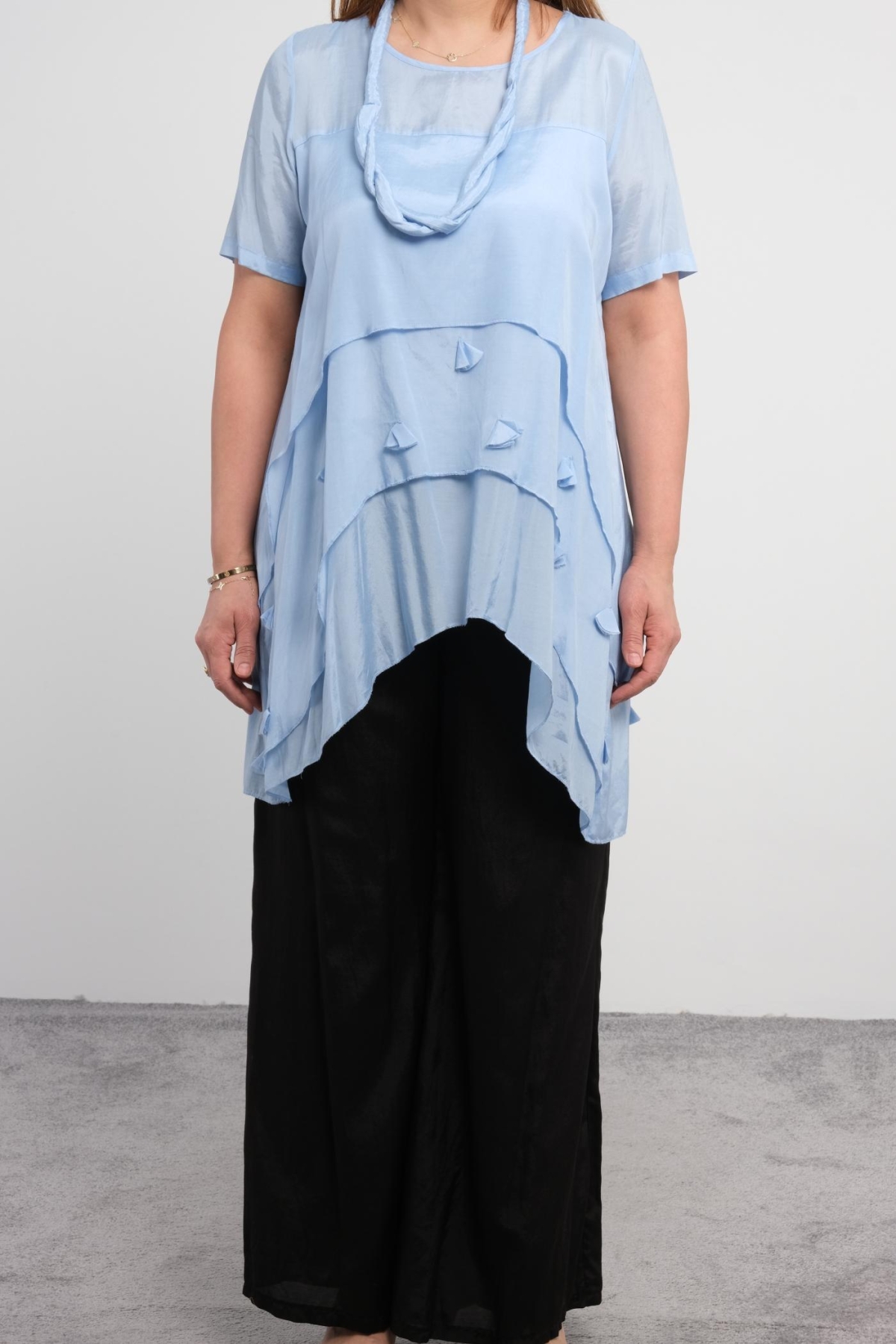 Plus Size Blouse and Pants Set-Blue
