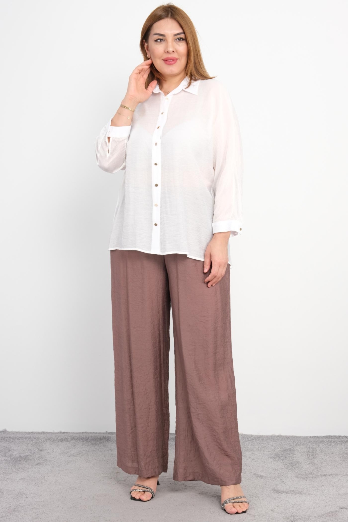 Plus Size Blouse and Pants Set-Mink