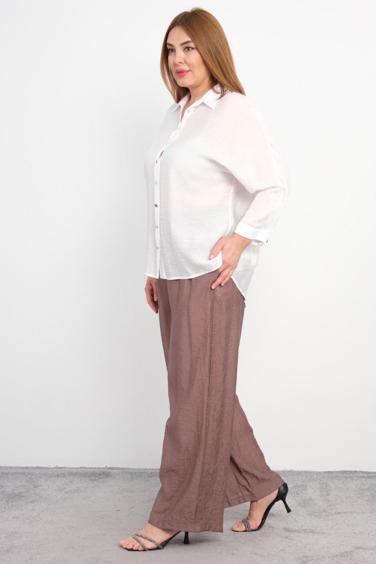 Plus Size Blouse and Pants Set-Mink