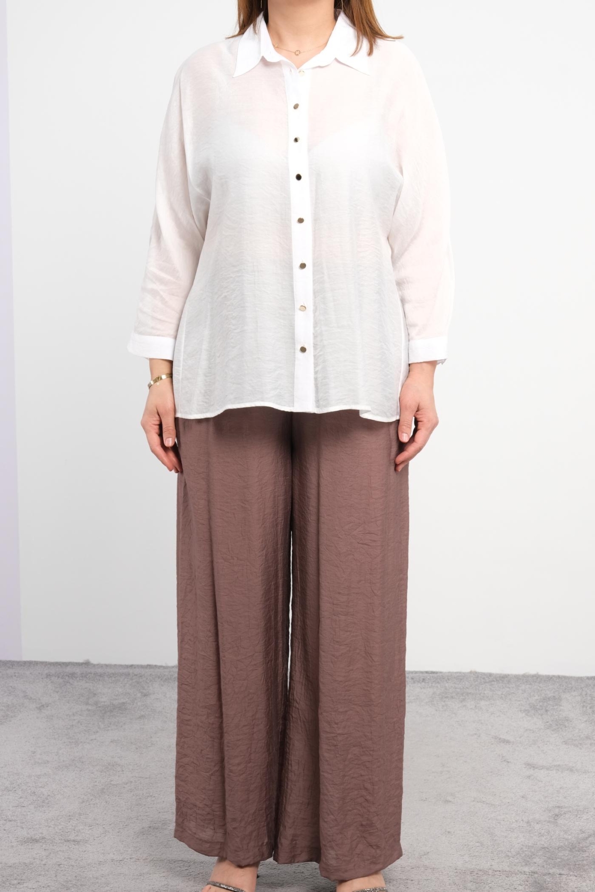 Plus Size Blouse and Pants Set-Mink