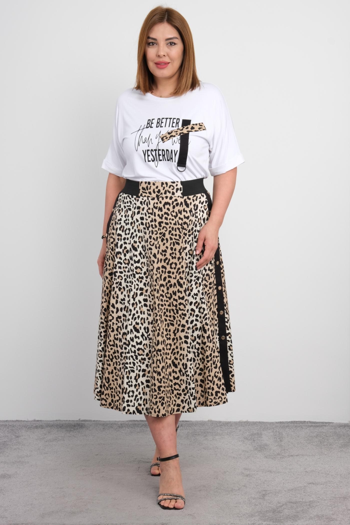 Plus Size Blouse and Skirt Set-Brown