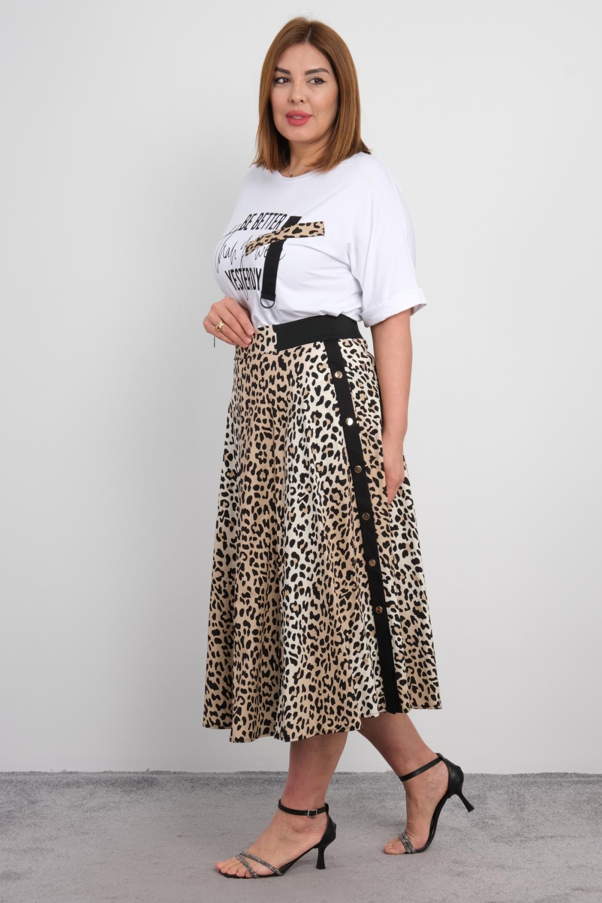 Plus Size Blouse and Skirt Set-Brown