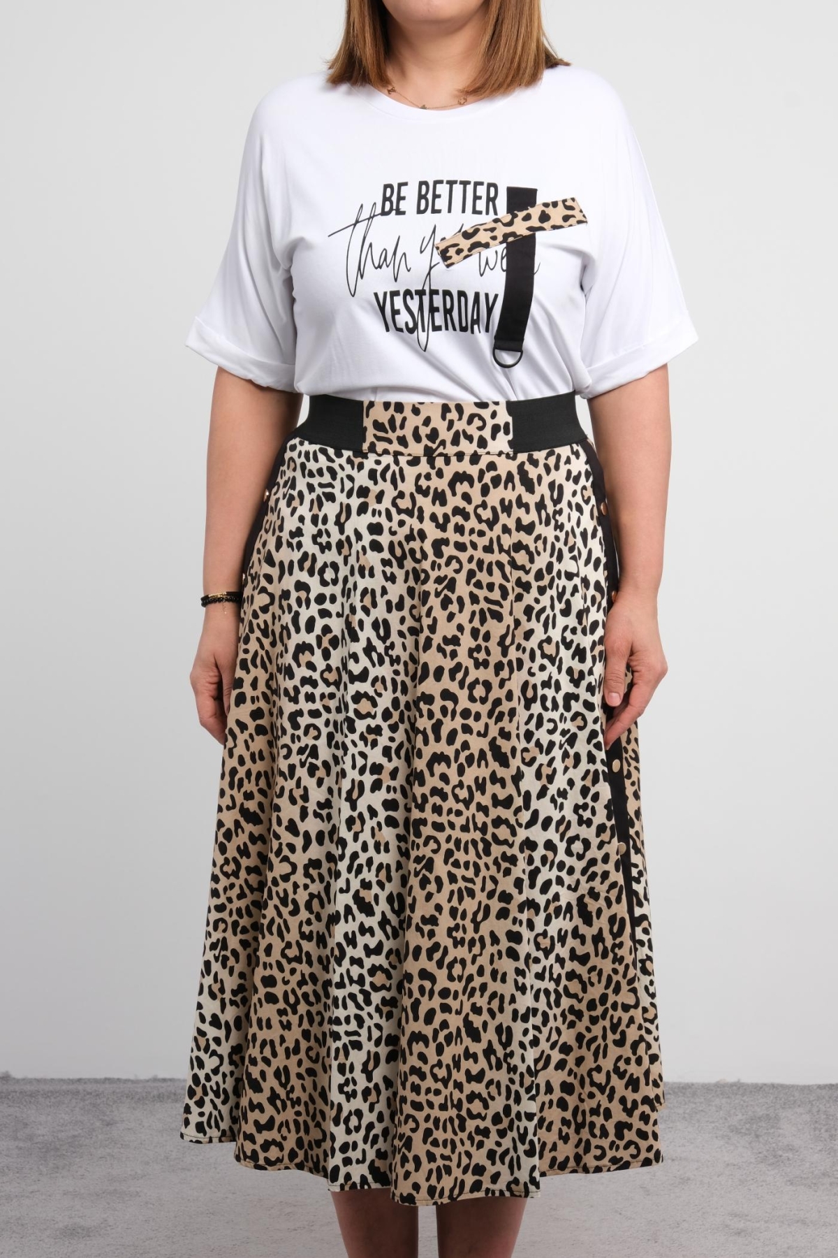 Plus Size Blouse and Skirt Set-Brown