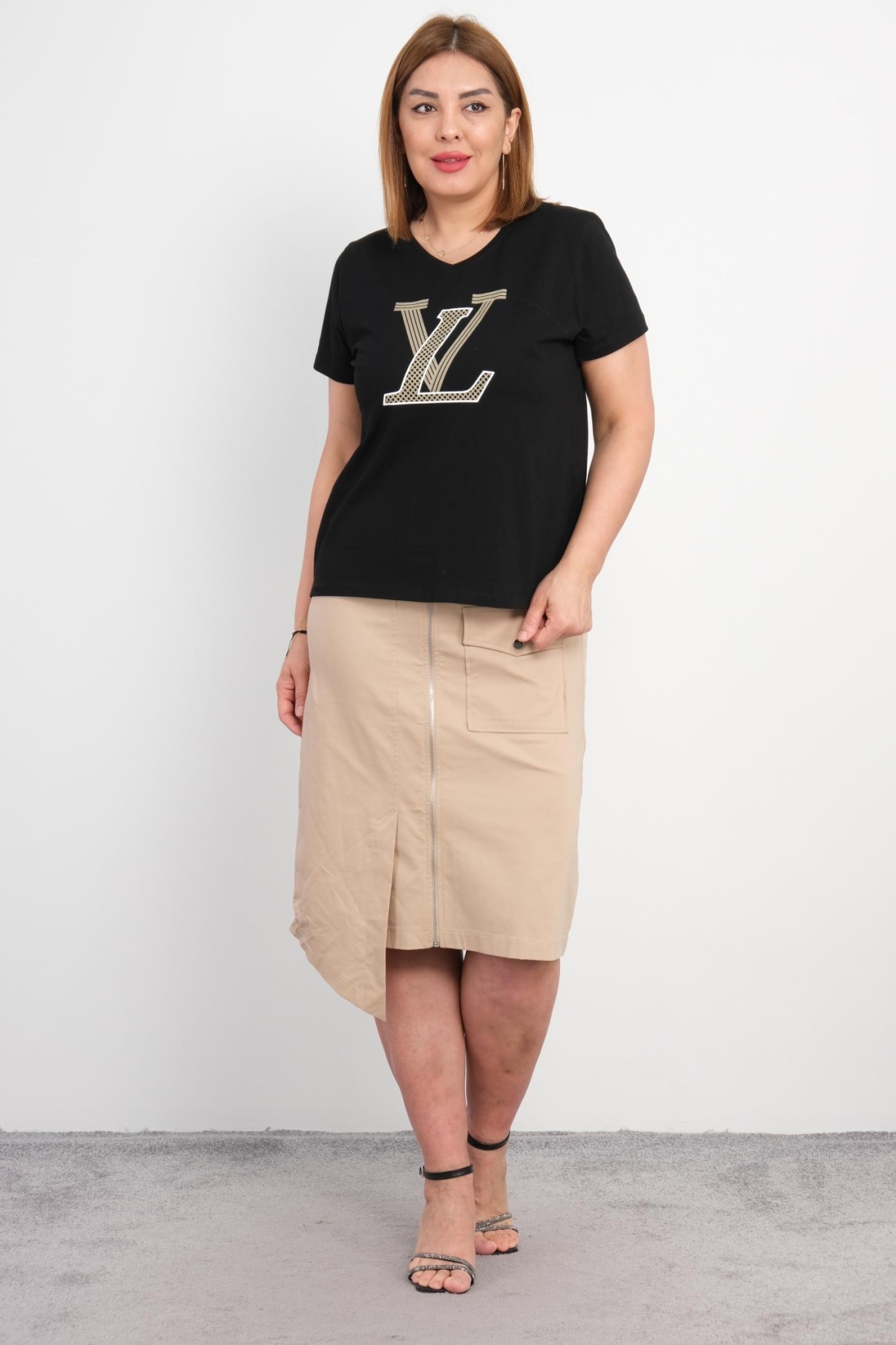 Plus Size Blouse and Skirt Set-Beige