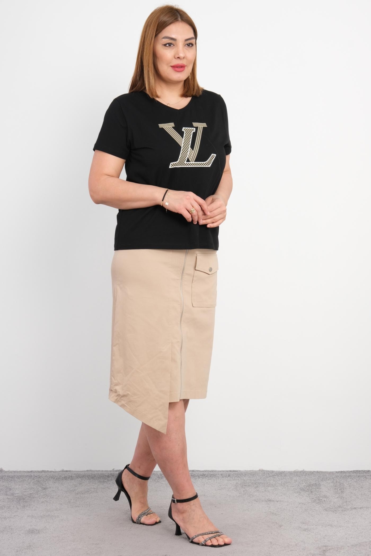Plus Size Blouse and Skirt Set-Beige
