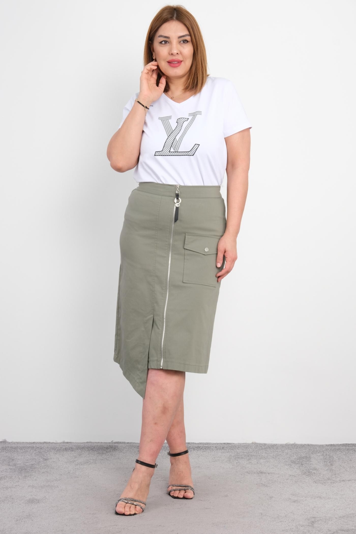 Plus Size Blouse and Skirt Set-Beige