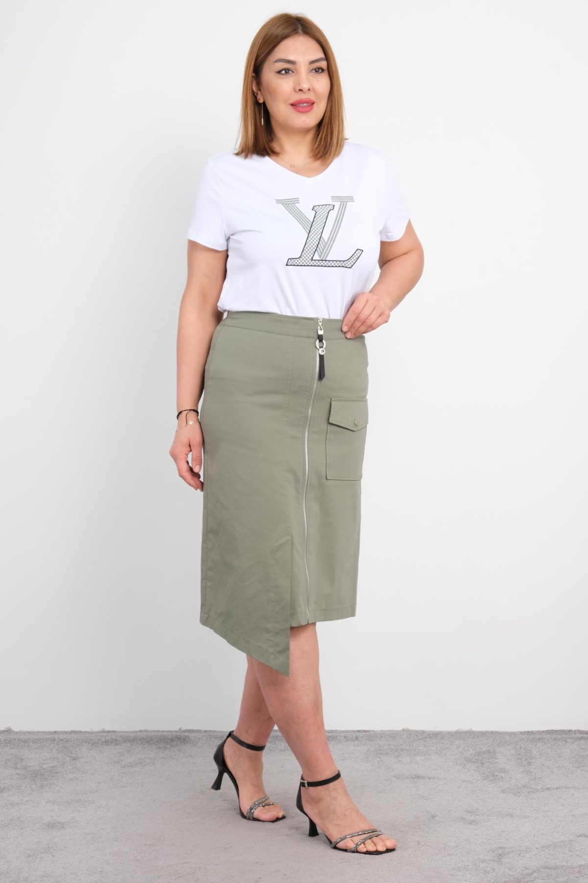 Plus Size Blouse and Skirt Set-Beige