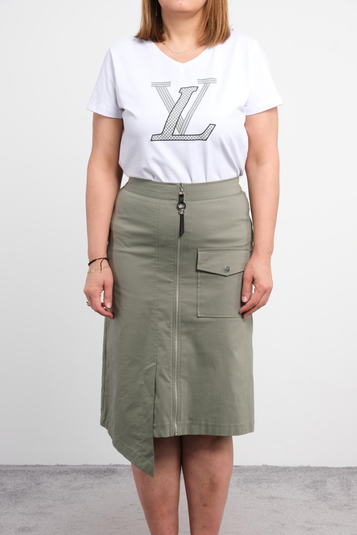 Plus Size Blouse and Skirt Set-Beige
