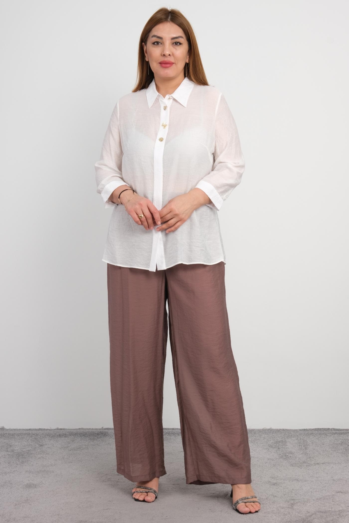 Plus Size Blouse and Pants Set-Brown