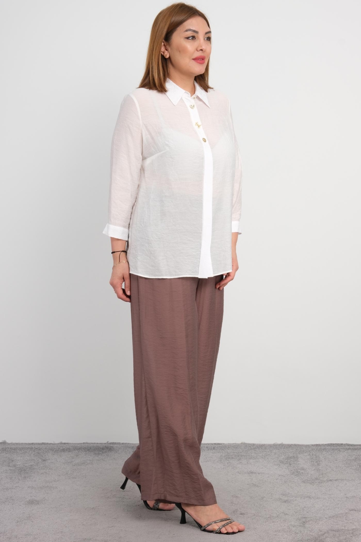 Plus Size Blouse and Pants Set-Brown