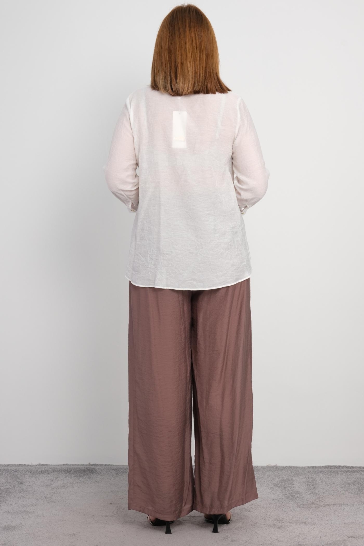 Plus Size Blouse and Pants Set-Brown