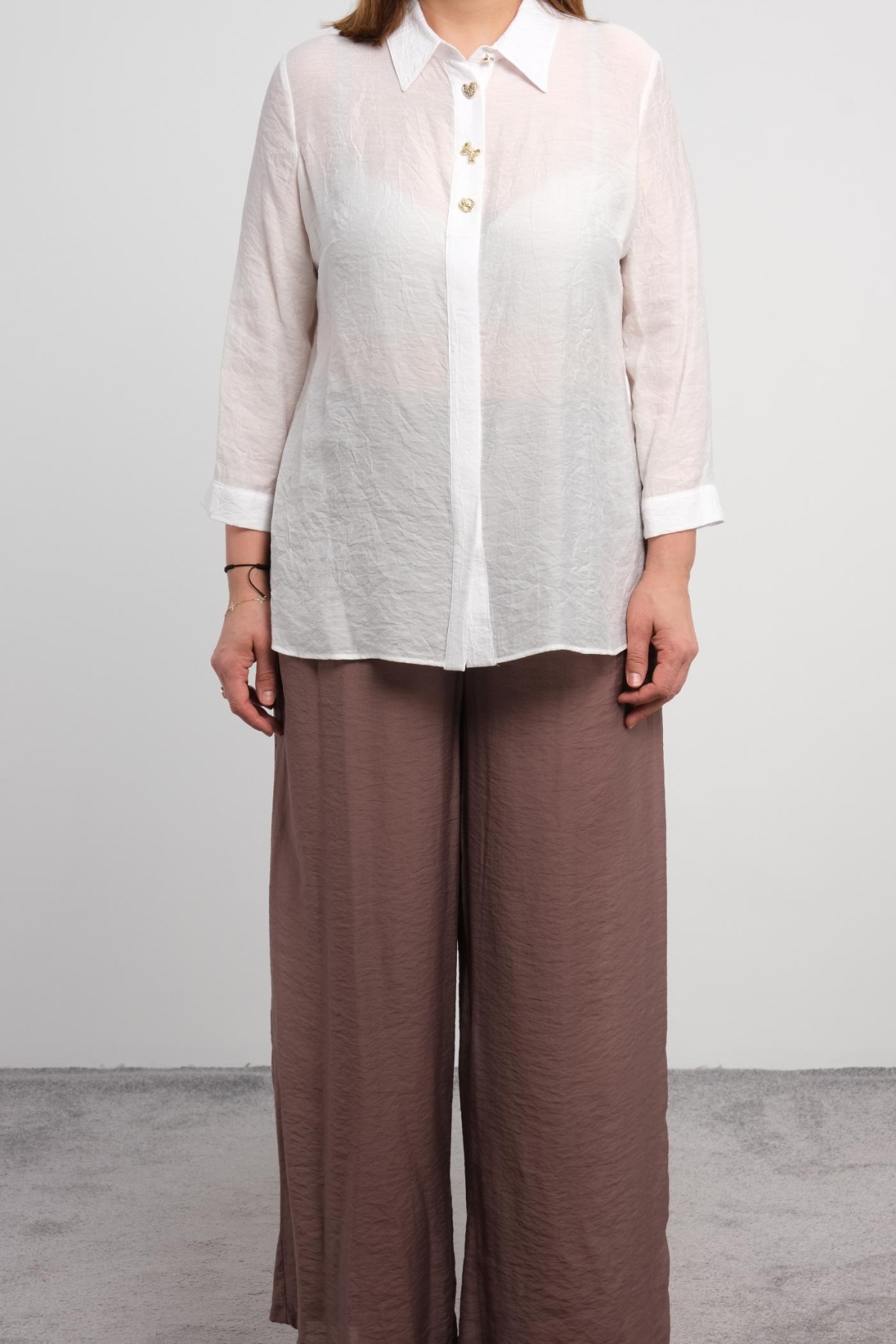 Plus Size Blouse and Pants Set-Brown