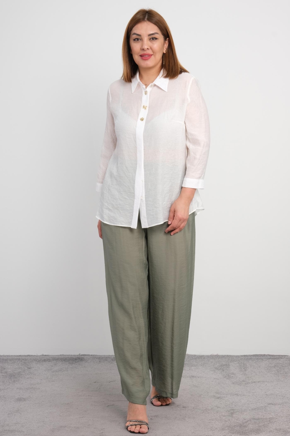 Plus Size Blouse and Pants Set-Khaki