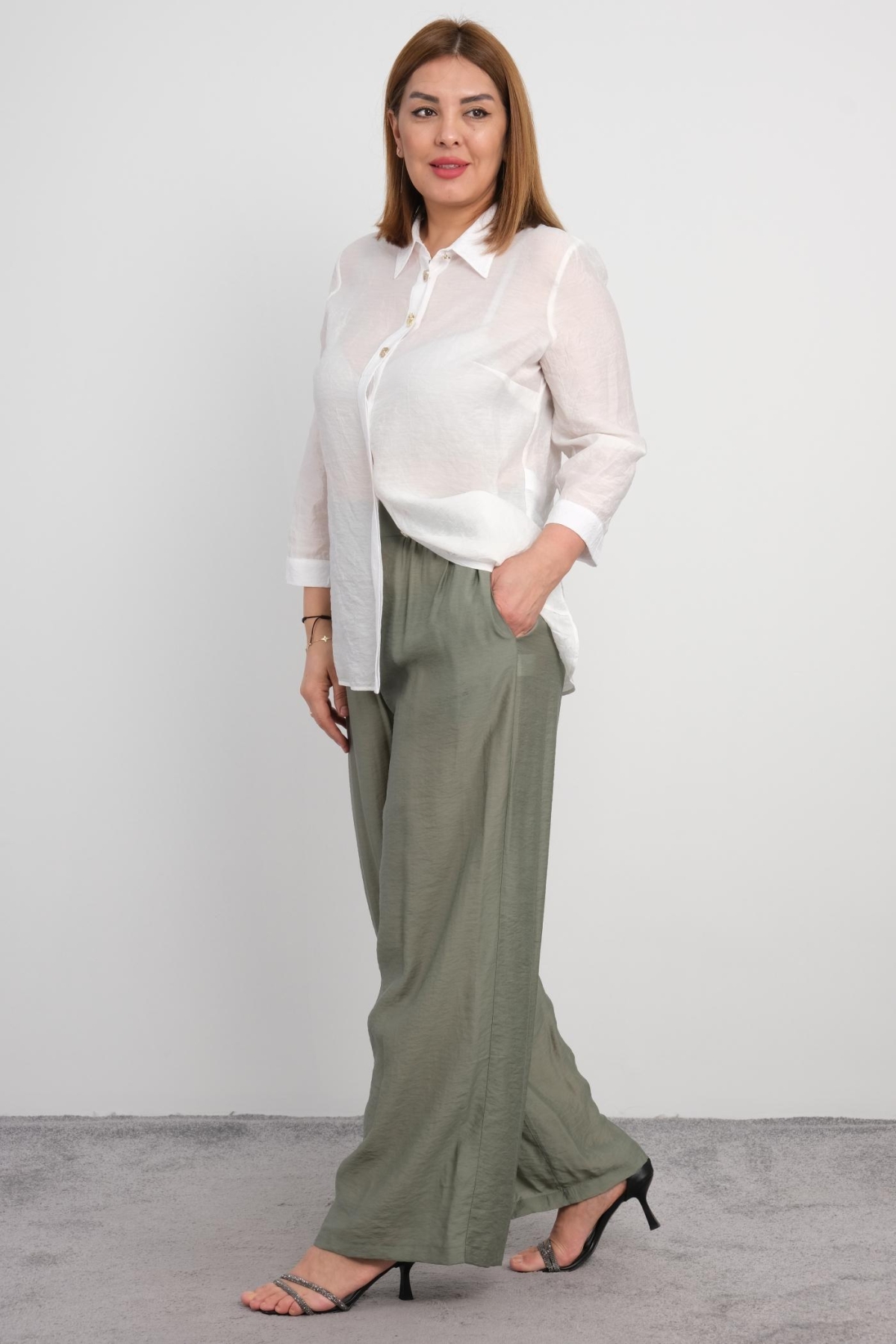 Plus Size Blouse and Pants Set-Khaki