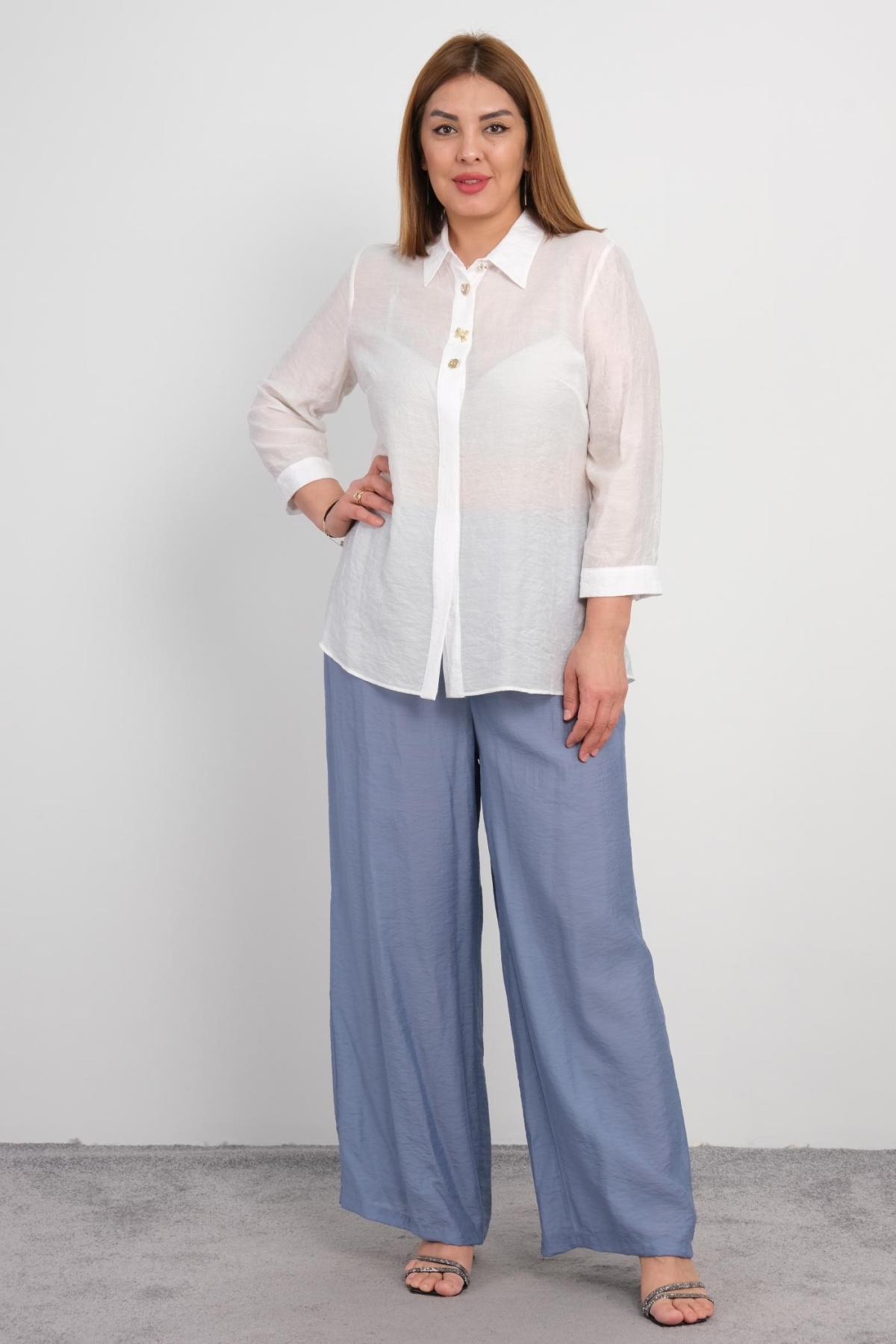 Plus Size Blouse and Pants Set-Indigo