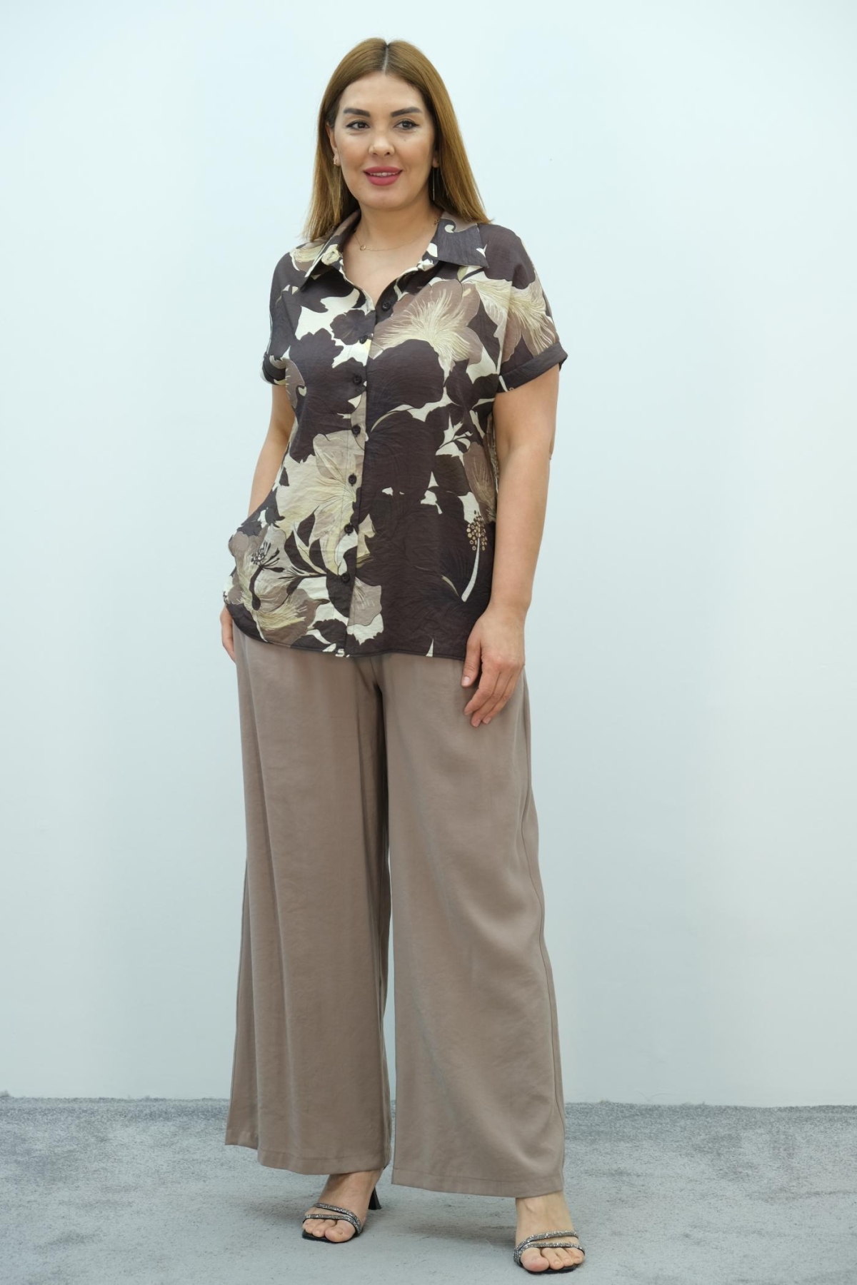 Plus Size Blouse and Pants Set-Brown