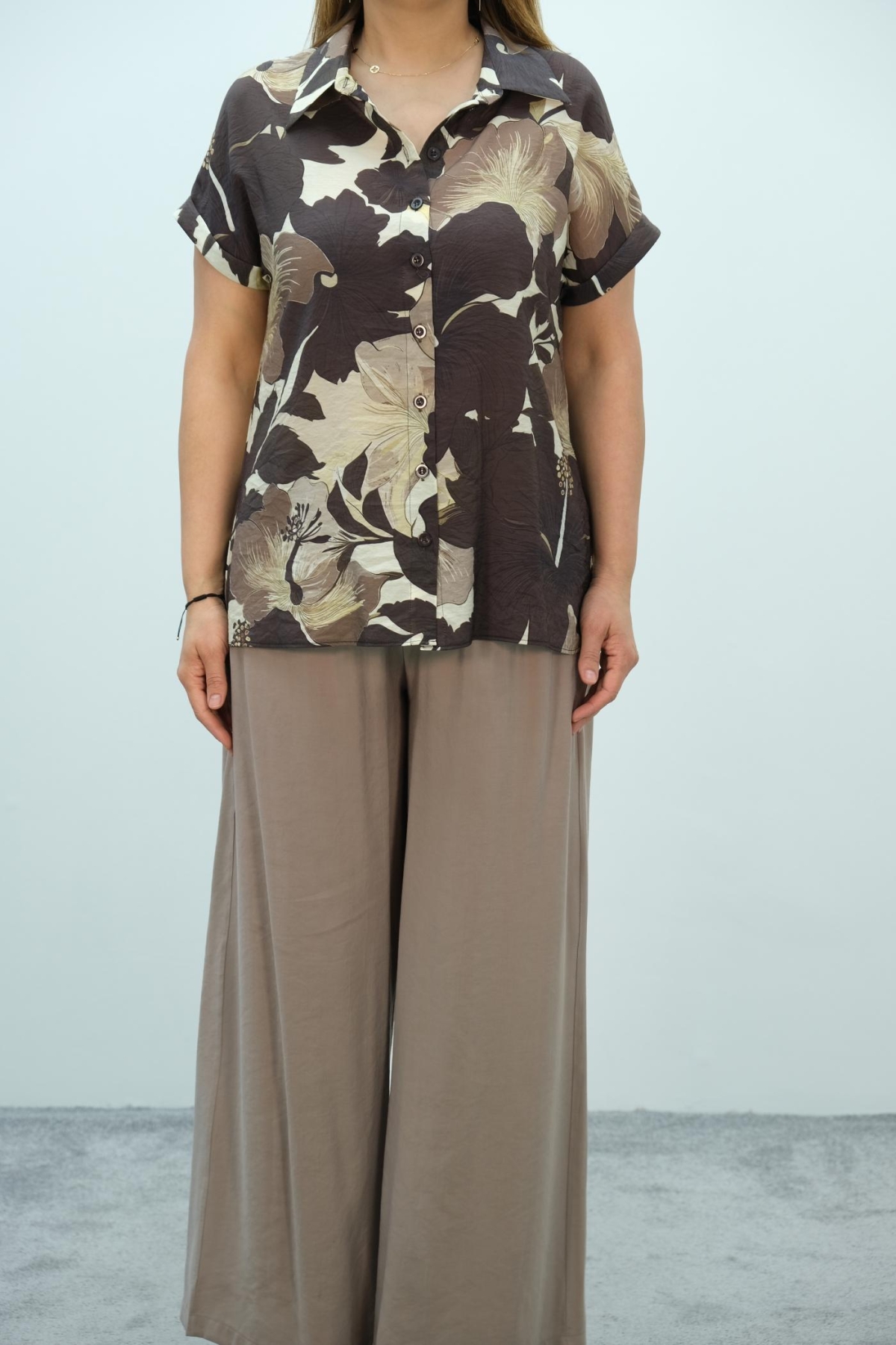 Plus Size Blouse and Pants Set-Brown