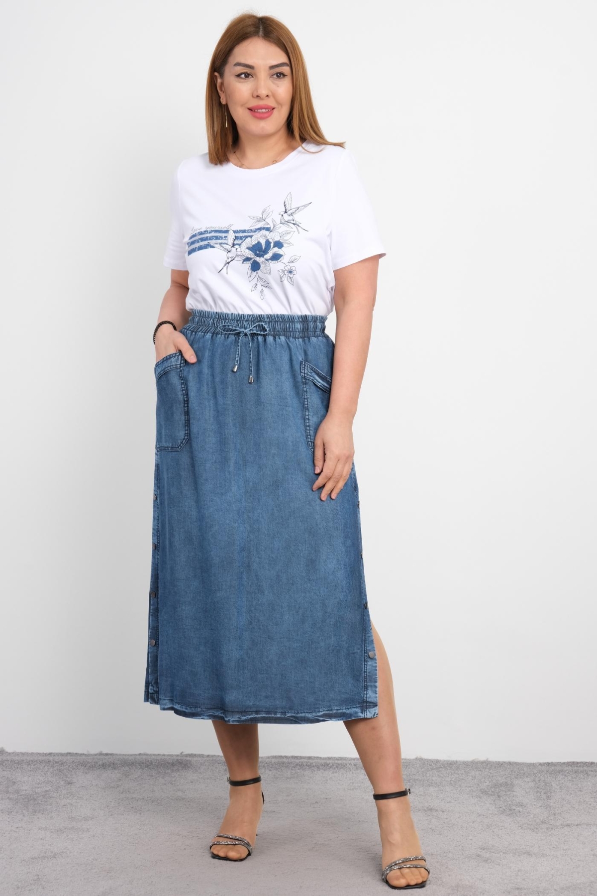 Plus Size Blouse and Skirt Set-Blue