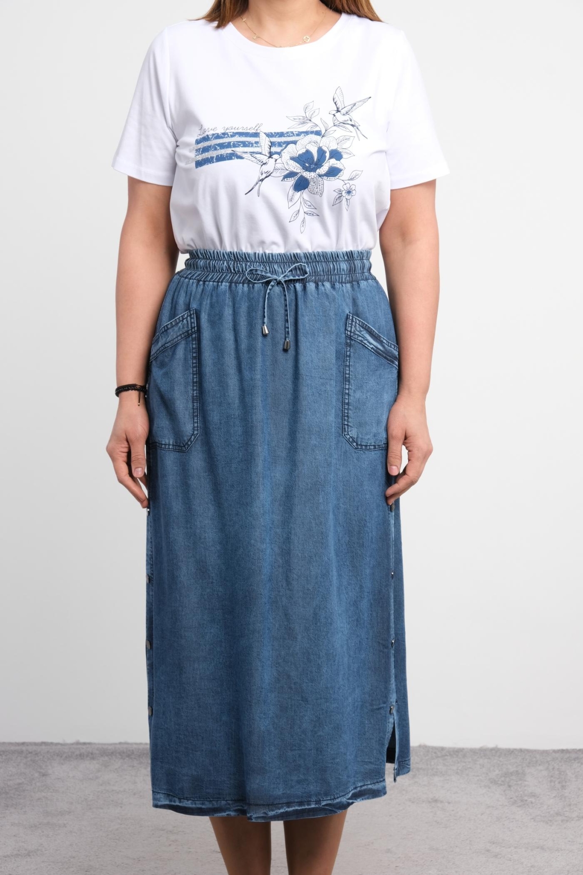 Plus Size Blouse and Skirt Set-Blue