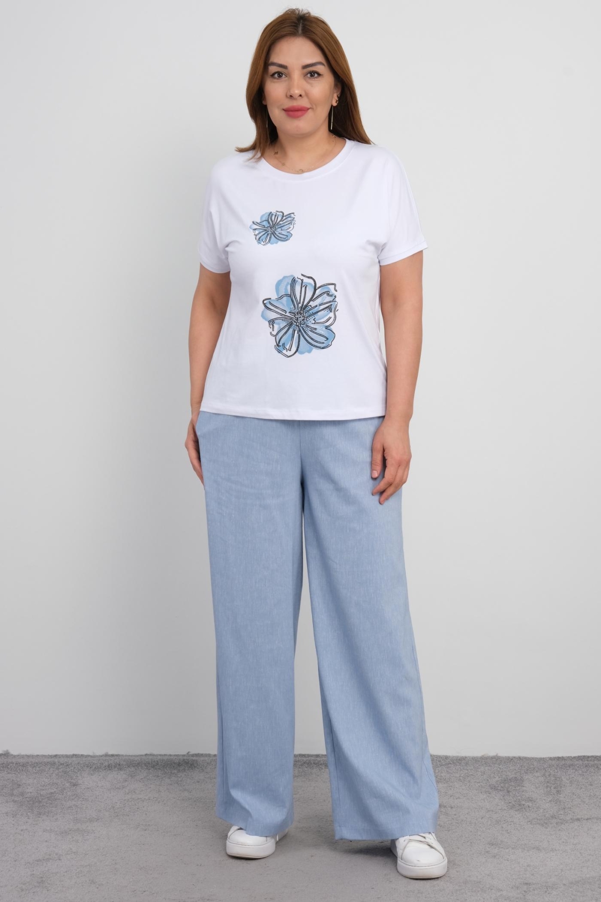 Plus Size Blouse and Pants Set-Blue