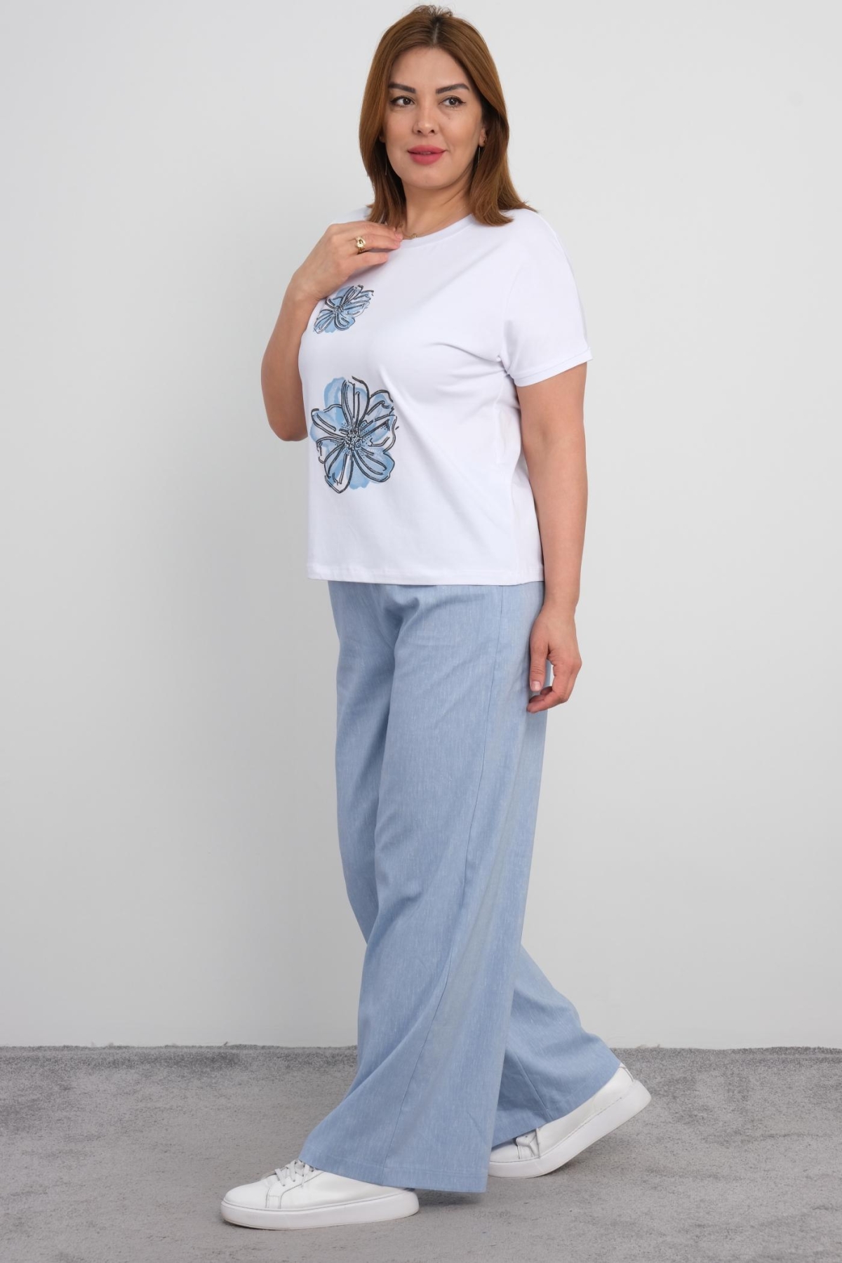 Plus Size Blouse and Pants Set-Blue