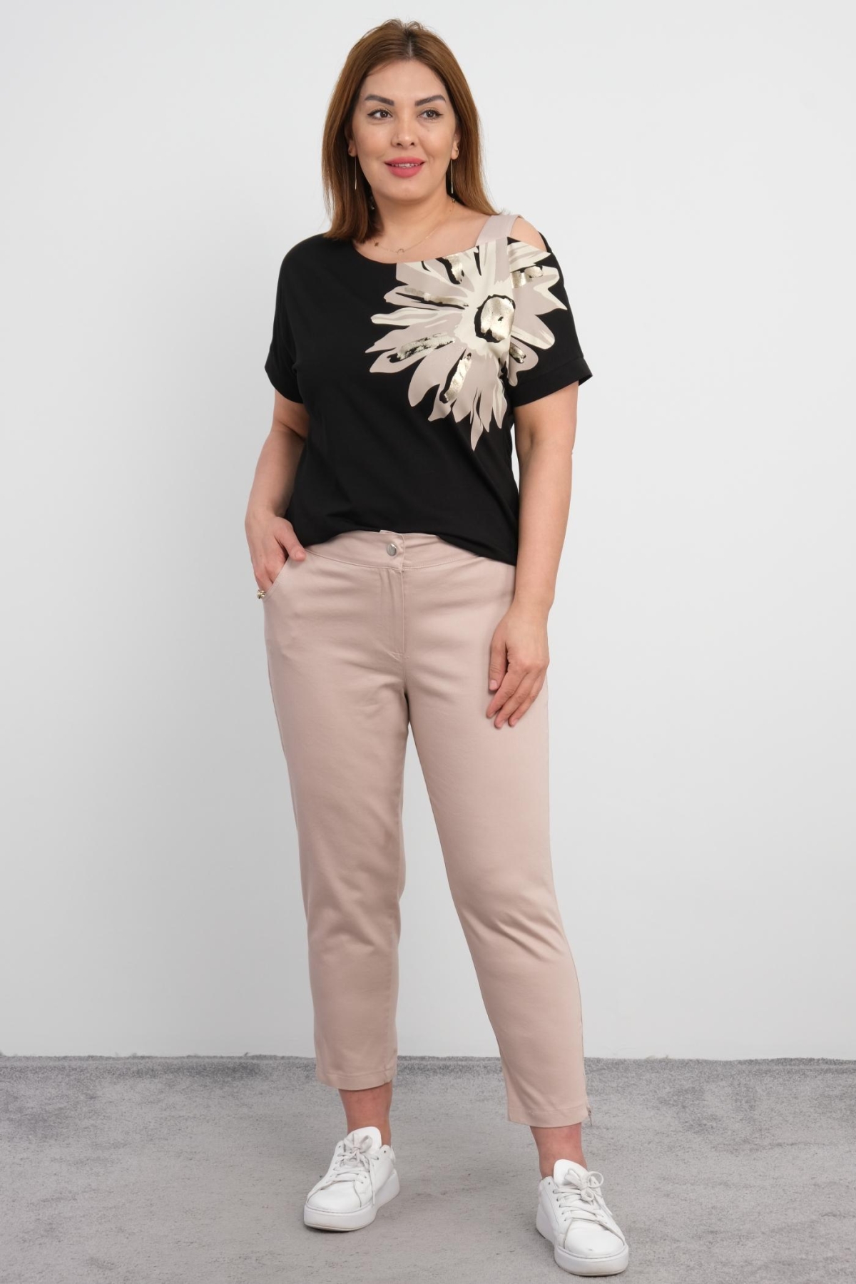 Plus Size Blouse and Pants Set-Beige