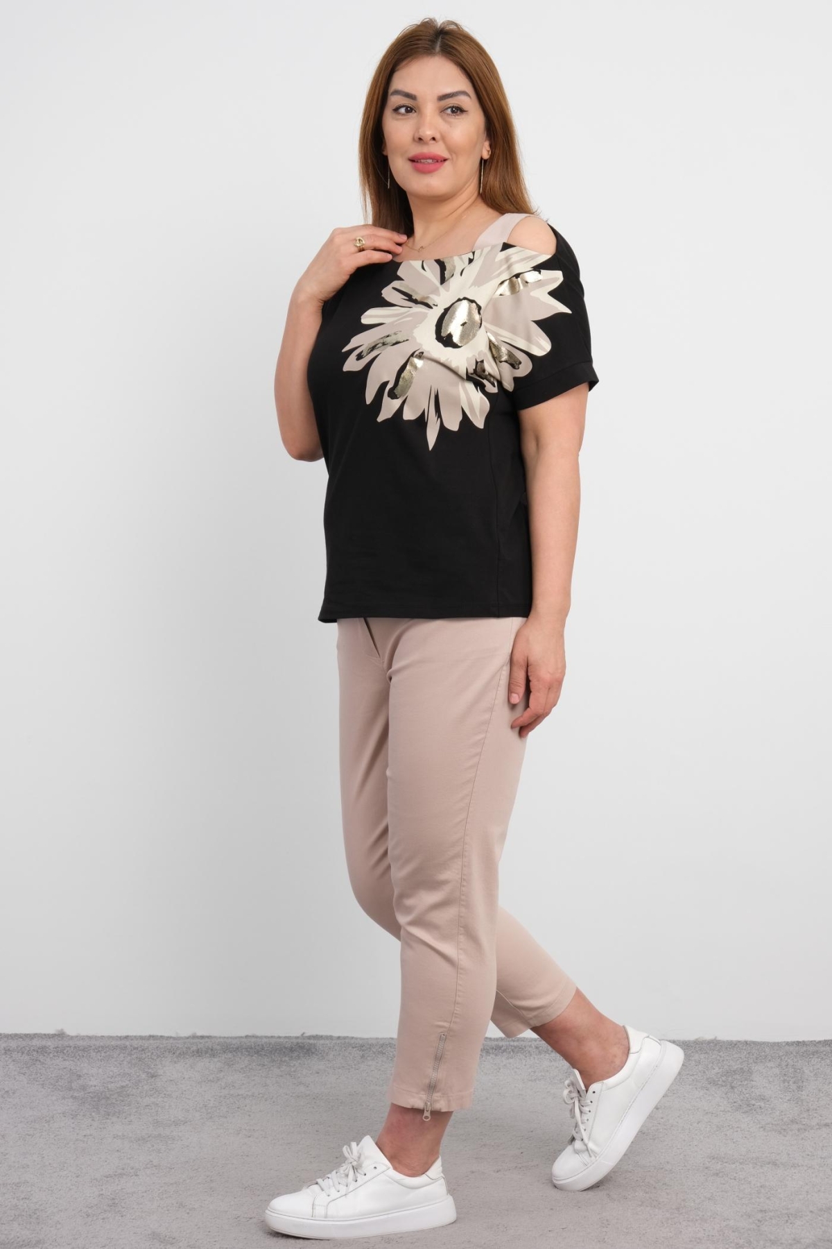 Plus Size Blouse and Pants Set-Beige