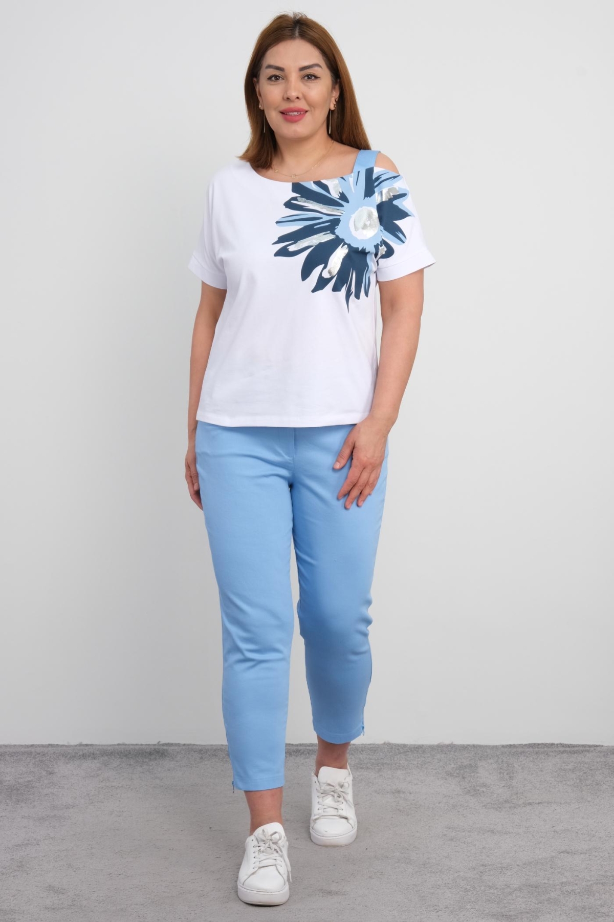 Plus Size Blouse and Pants Set-Blue