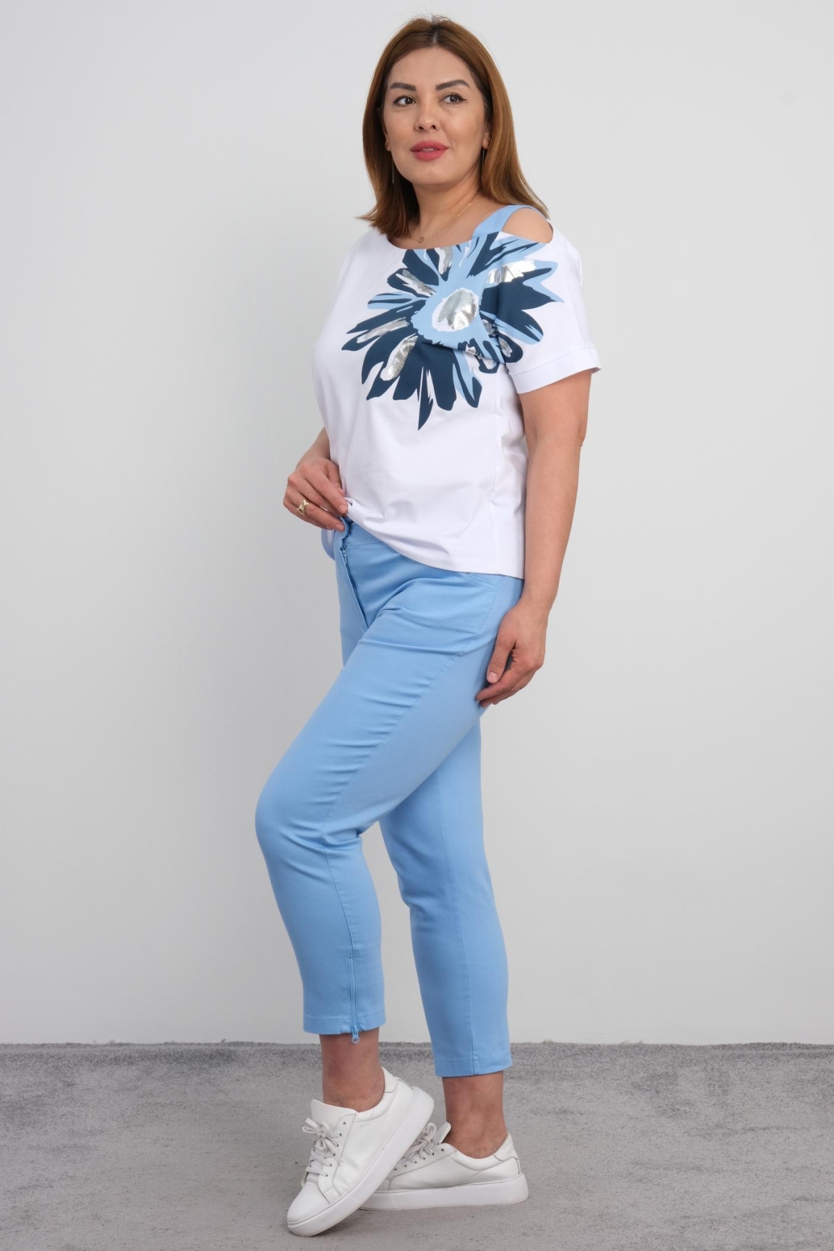 Plus Size Blouse and Pants Set-Blue