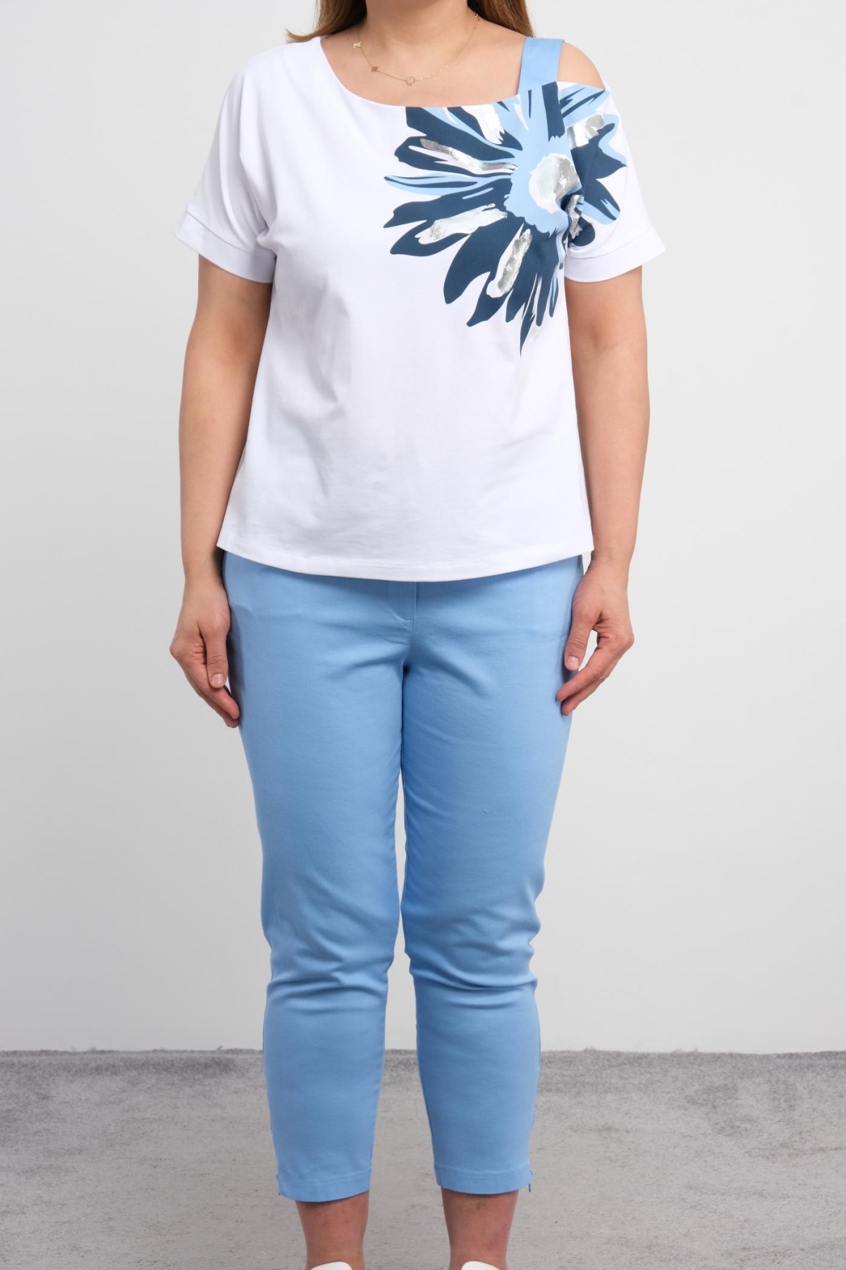 Plus Size Blouse and Pants Set-Blue