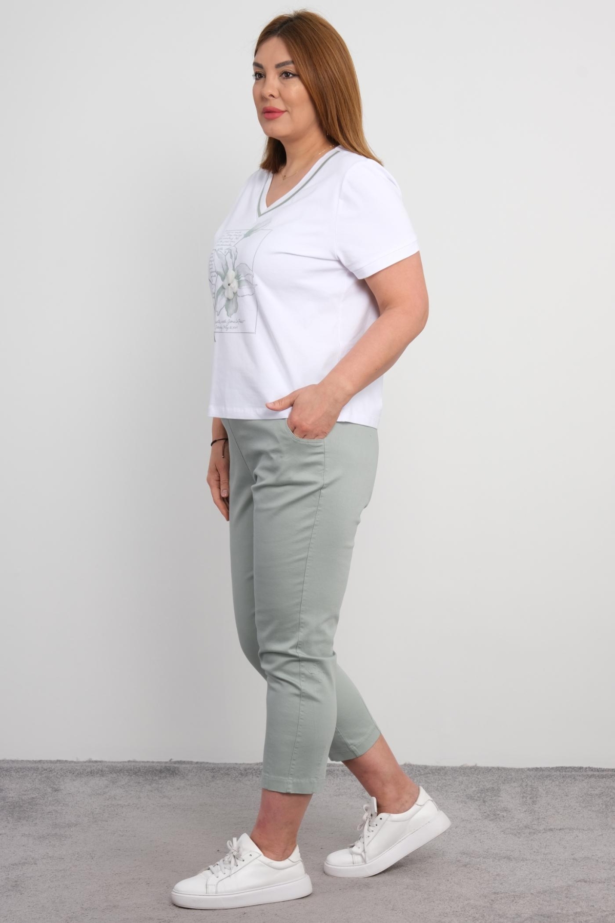 Plus Size Blouse and Pants Set-Green